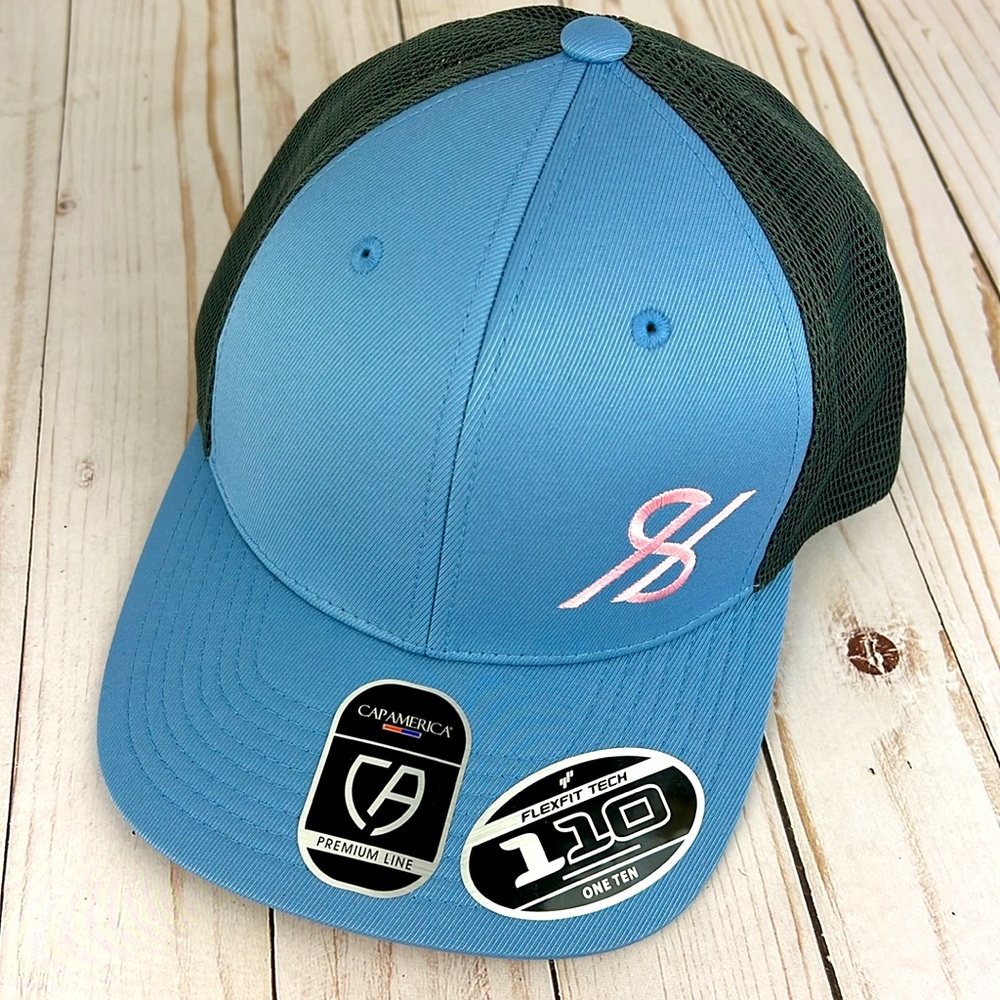 NWT* Cap America Flex Fit 110 Performance Blue Fitted Mesh Trucker SnapBack Hat